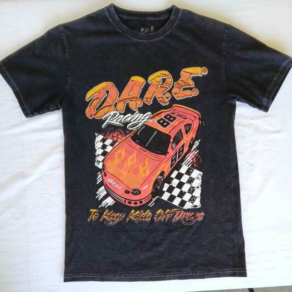 D.A.R.E. Men's Racing Graphic Print T-Shirt Black Cotton Crew Neck Small